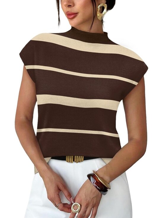 Tops - Women's Striped Brown Apricot Mock Neck Sweater Short Sleeve Pullover Casual Top